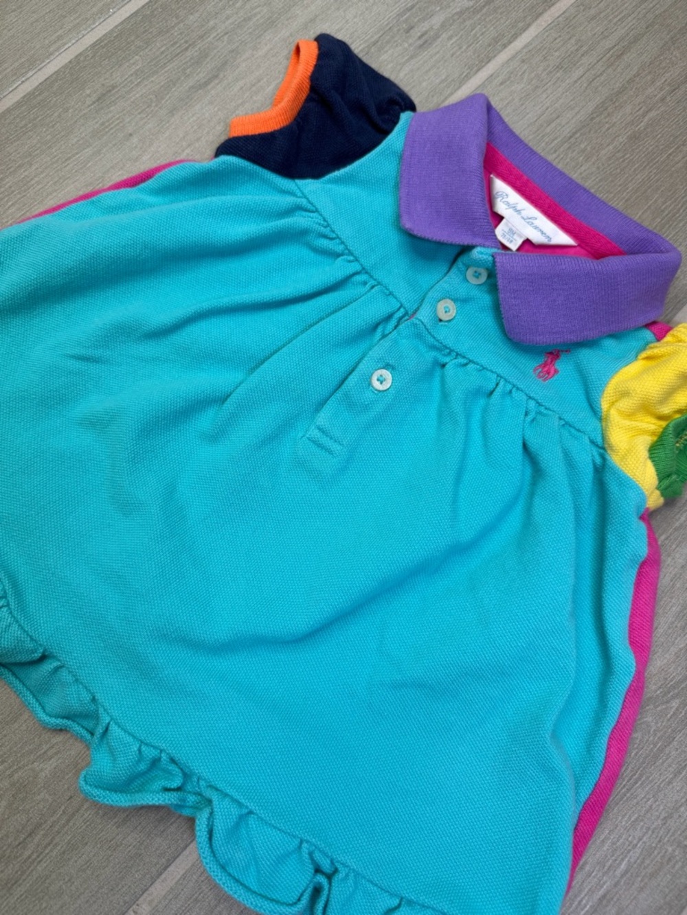 Polo Ralph Lauren Baby Girls Multi-Colorblock Ruffle Polo Dress. Baby Girl 9M